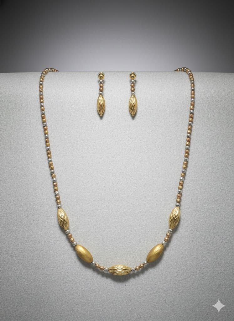 18K GOLD - TRI-TONE BEADED NECKLACE & EARRING SET - 9.1g